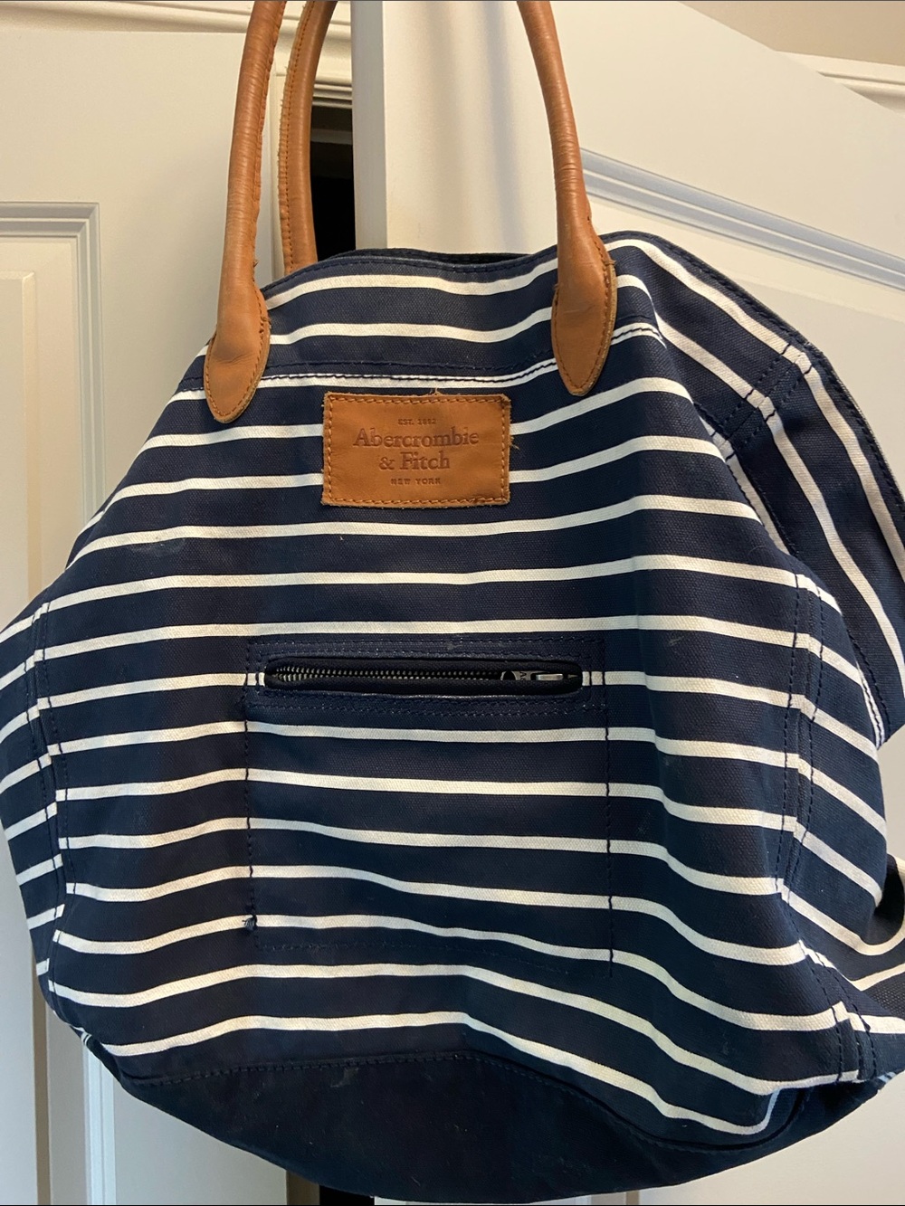 Abercrombie & Fitch Navy and White Striped Duffel with Tan Handles